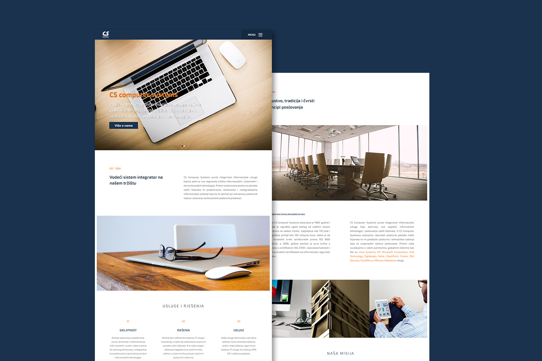 Two webpages showing different parts of Computer systems homepage over blue background