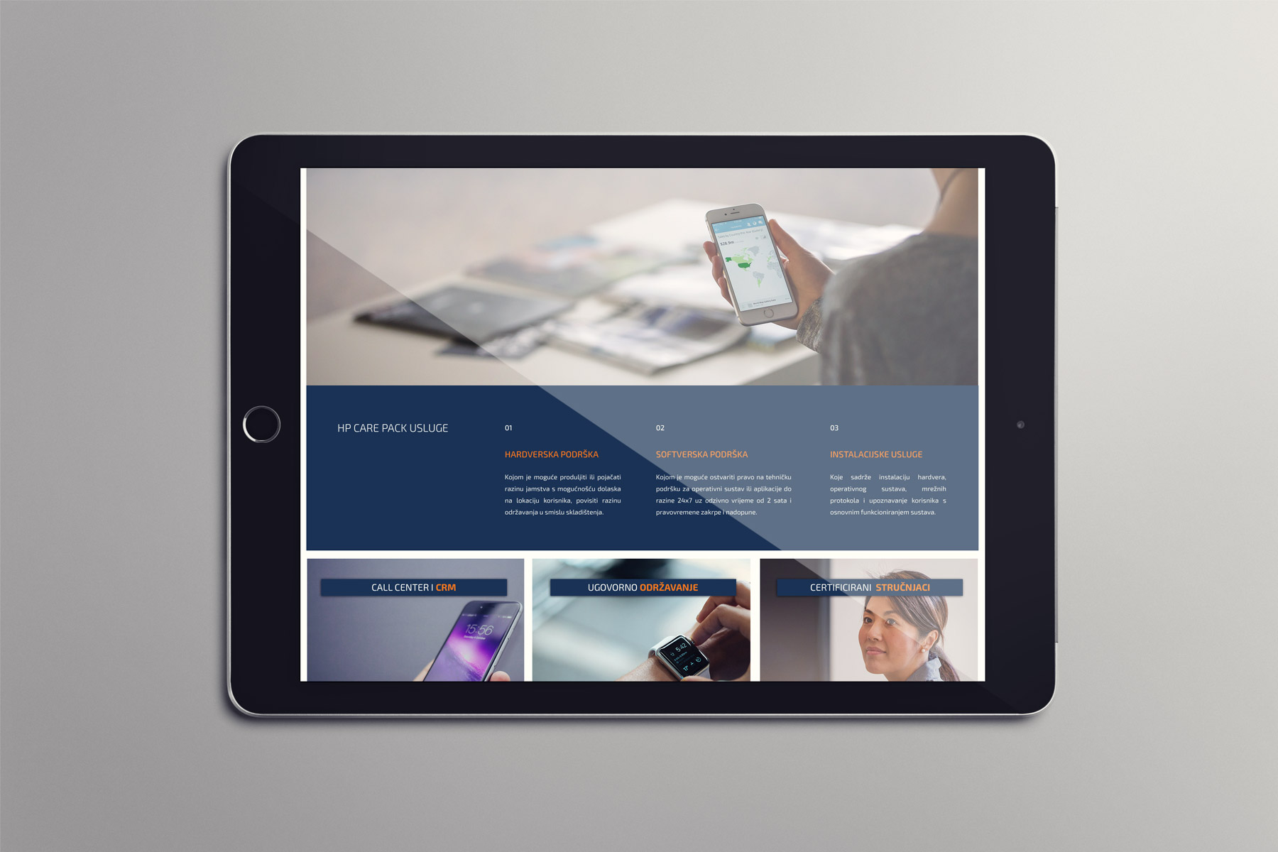 Tablet showing Computer Systems services page over white background