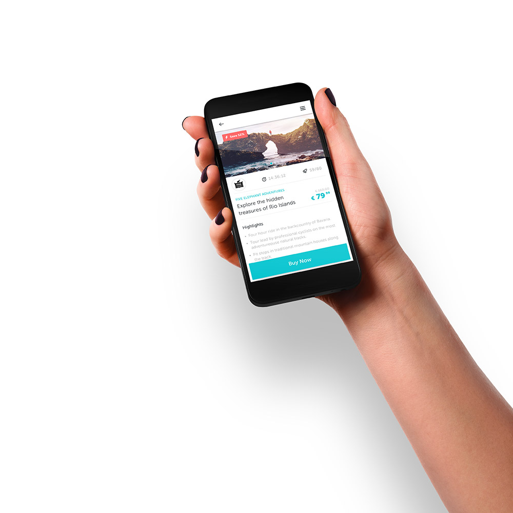 Hand holding a smartphone with a DailyDeal experience page open