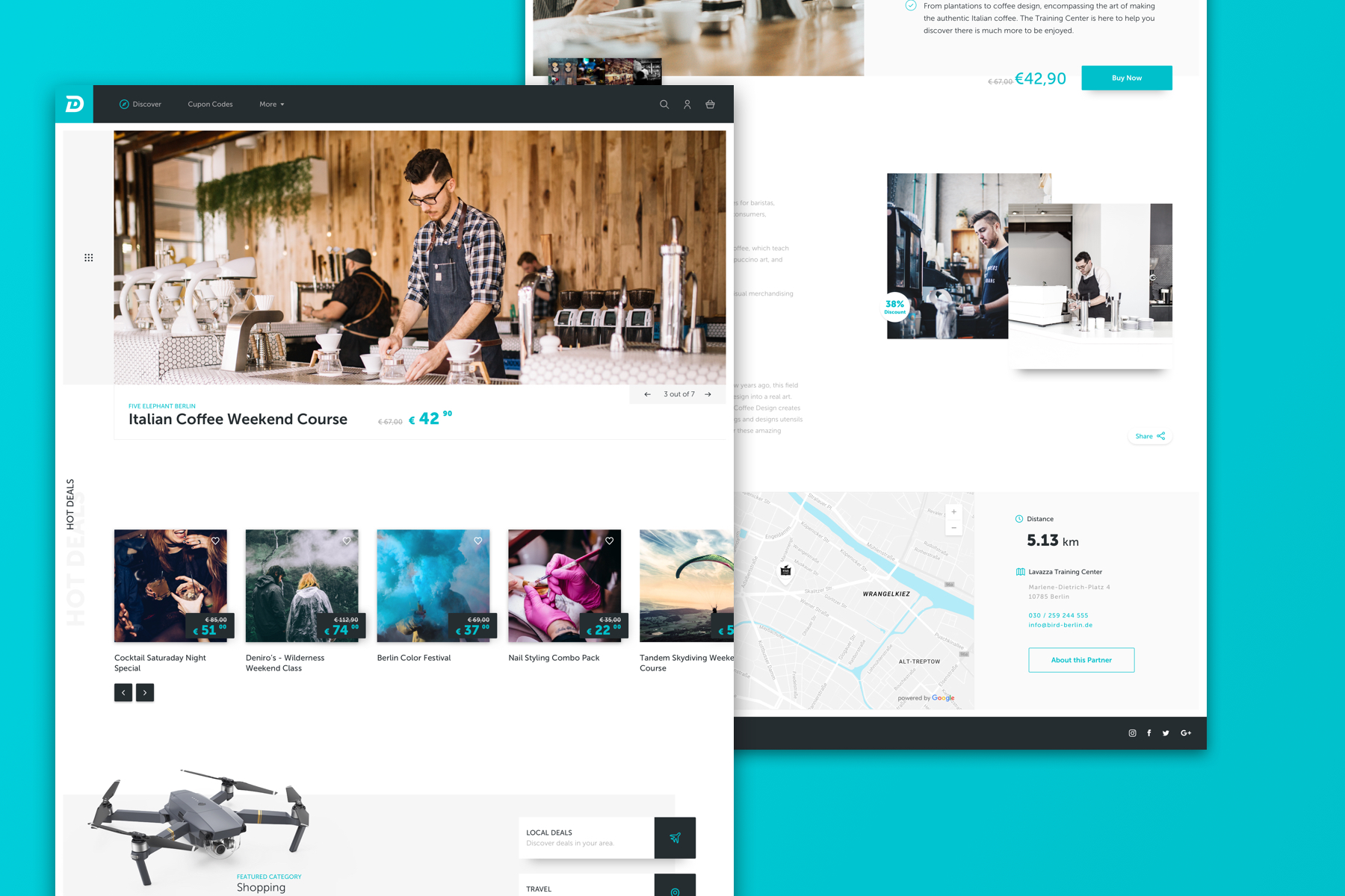 Two webpages showing different parts of DailyDeal pagew over blue background