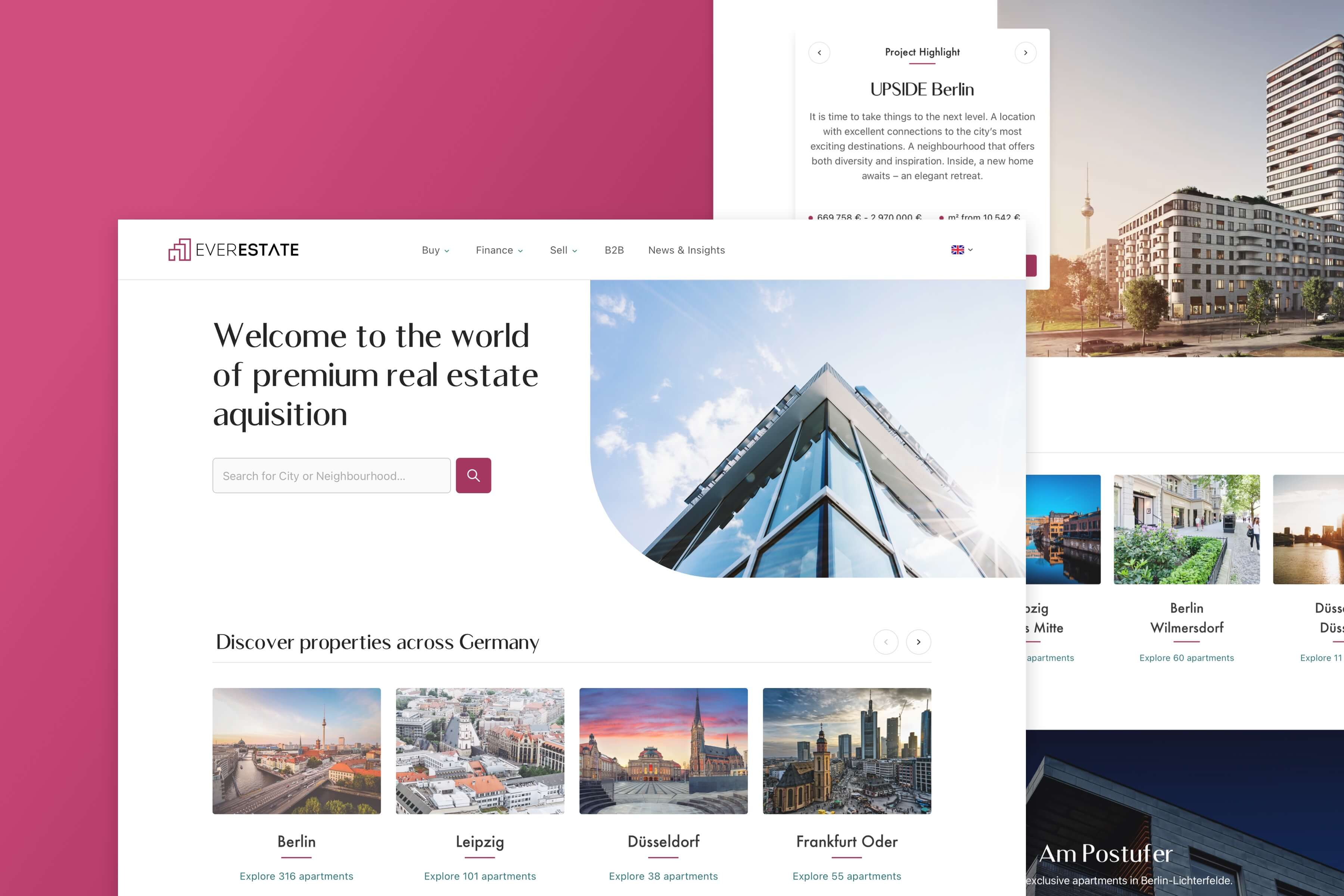 Screen showing EverEstate home page over a pink background