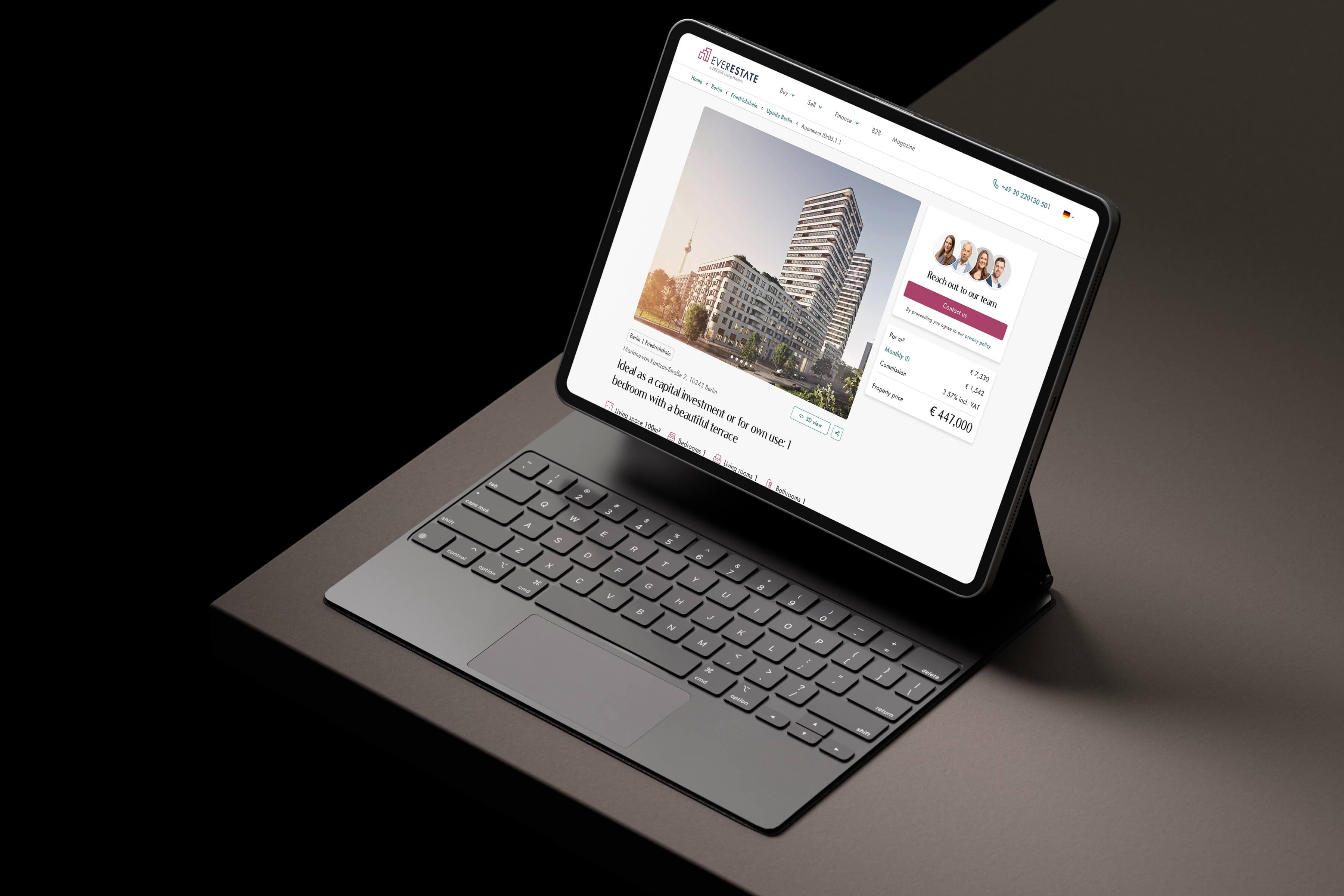 Tablet on a table showing EverEstate unit page