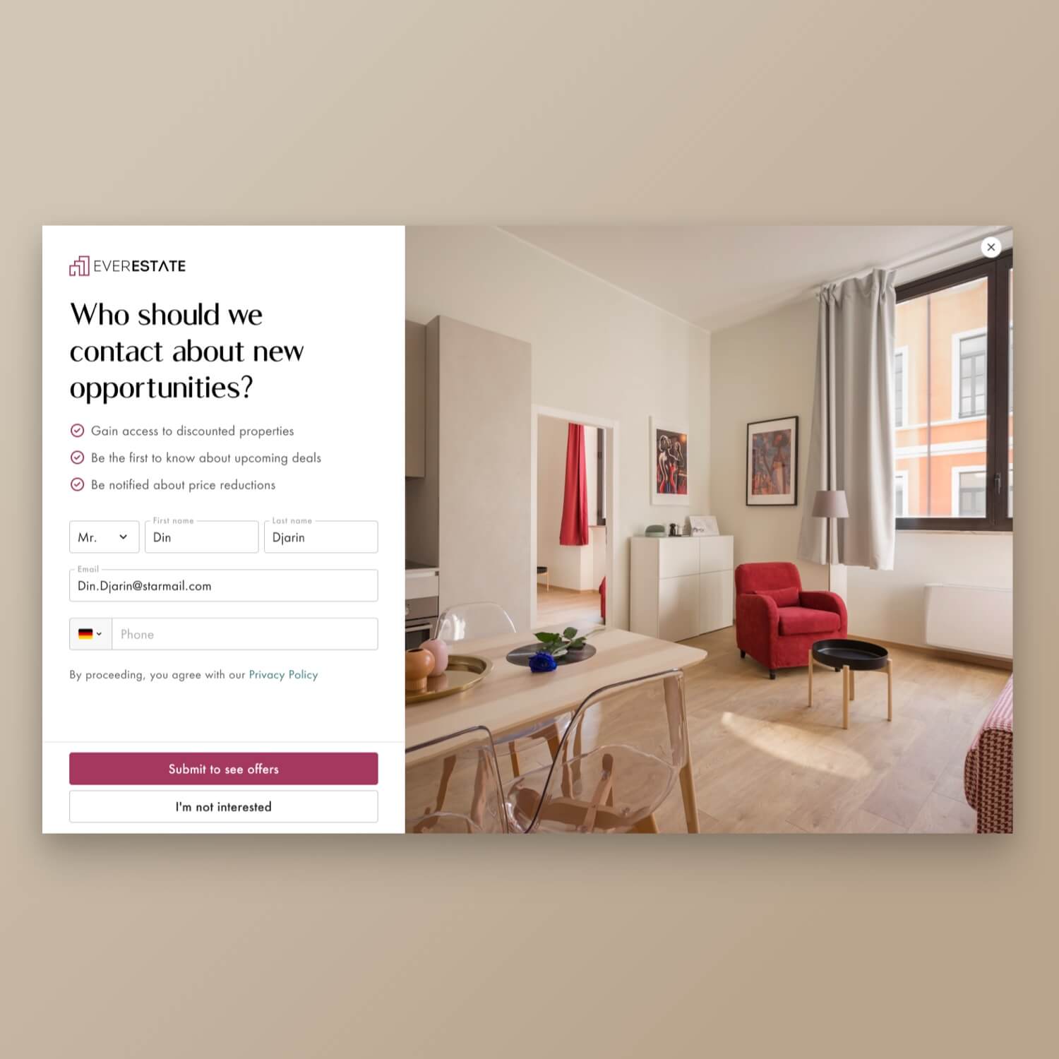 A screen showing EverEstate exclusive deals entry page