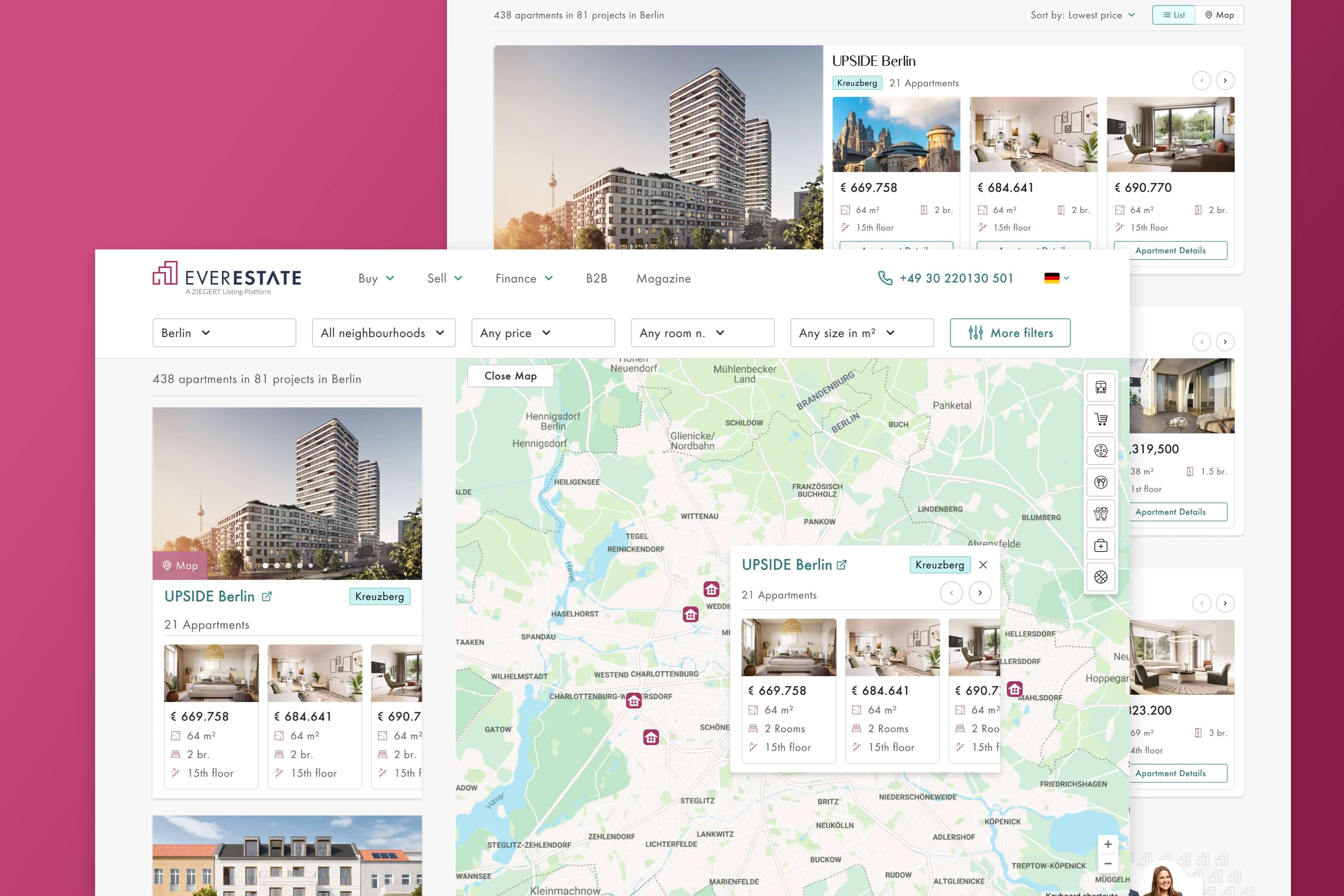 Two screens showing EverEstate catalog page over pink background
