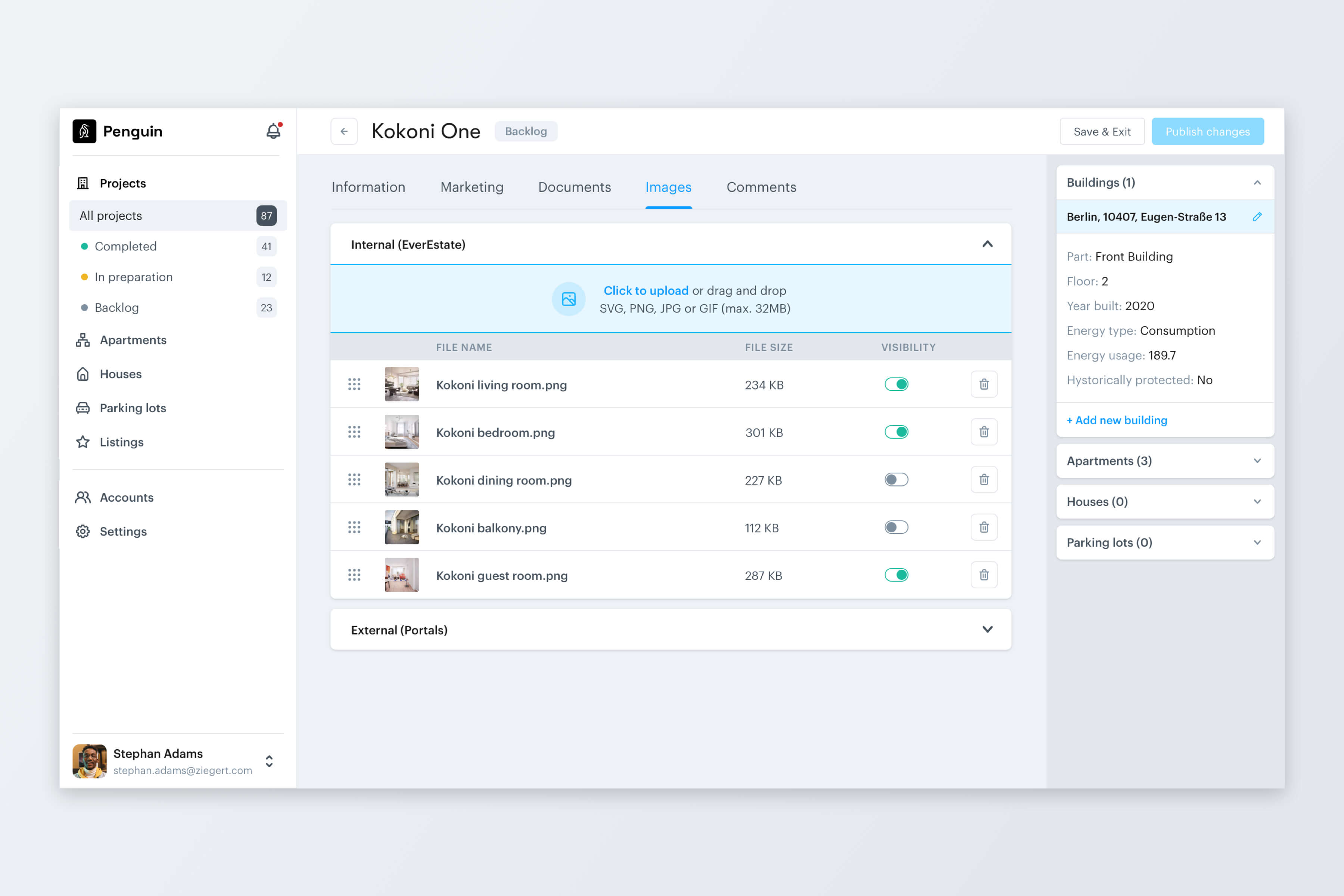 Screens showing Penguin platfomr for real estate management