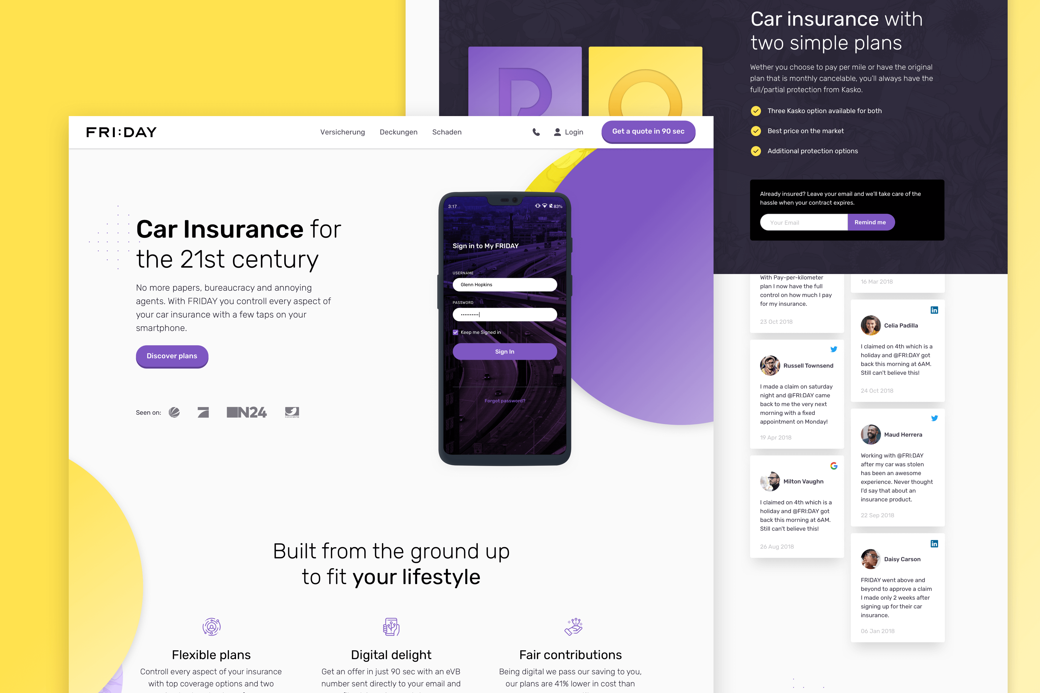 Two webpages showing different parts of Friday homepage over yellow background