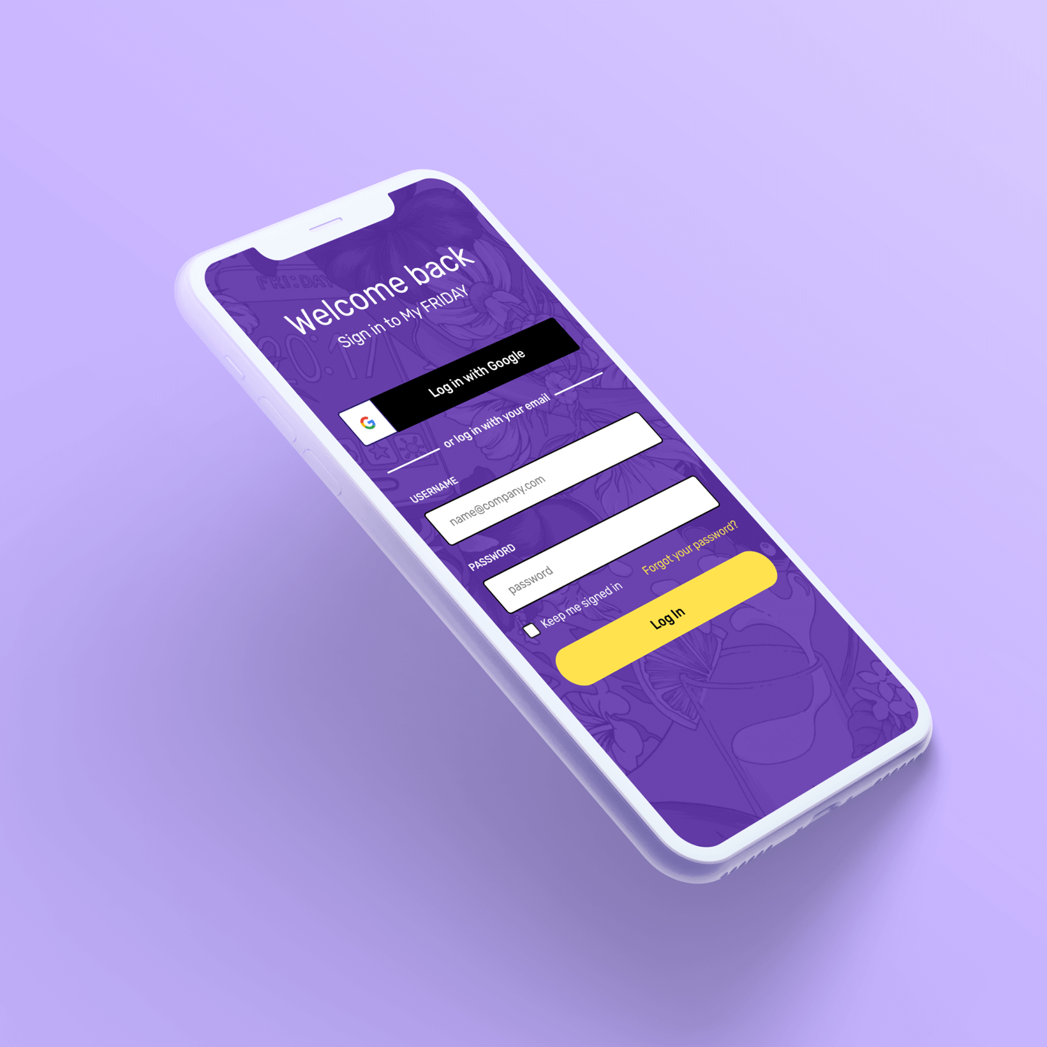 Smartphone showing Friday login page over purple background