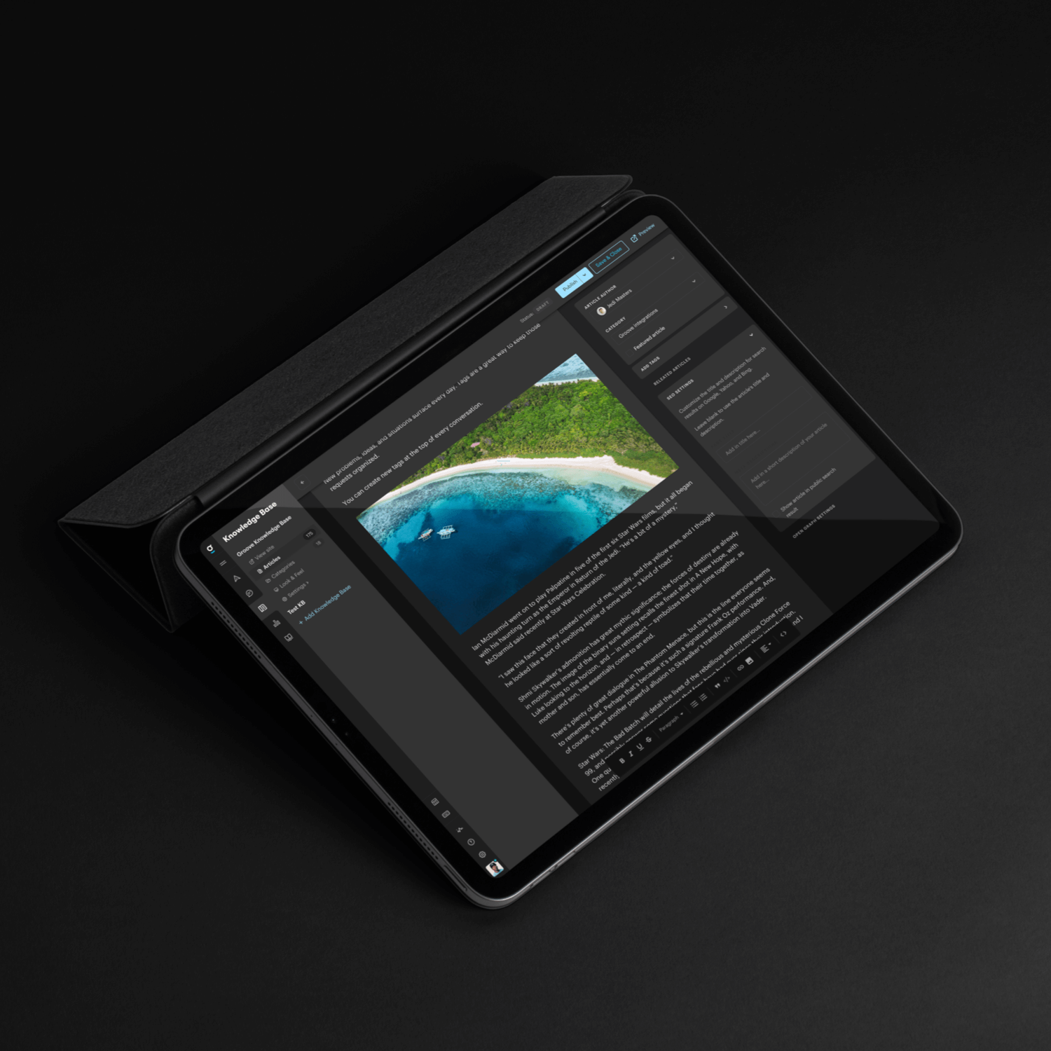 Tablet showing an opened Groove mail application