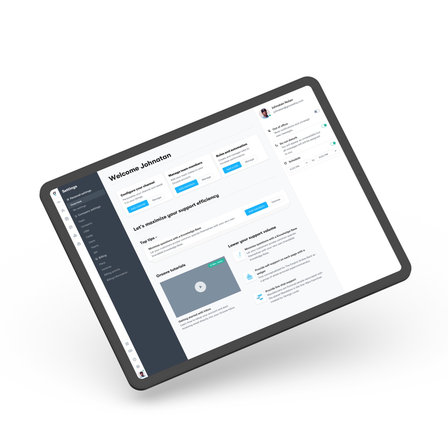 Tablet showing Groove email app user settings page in light mode