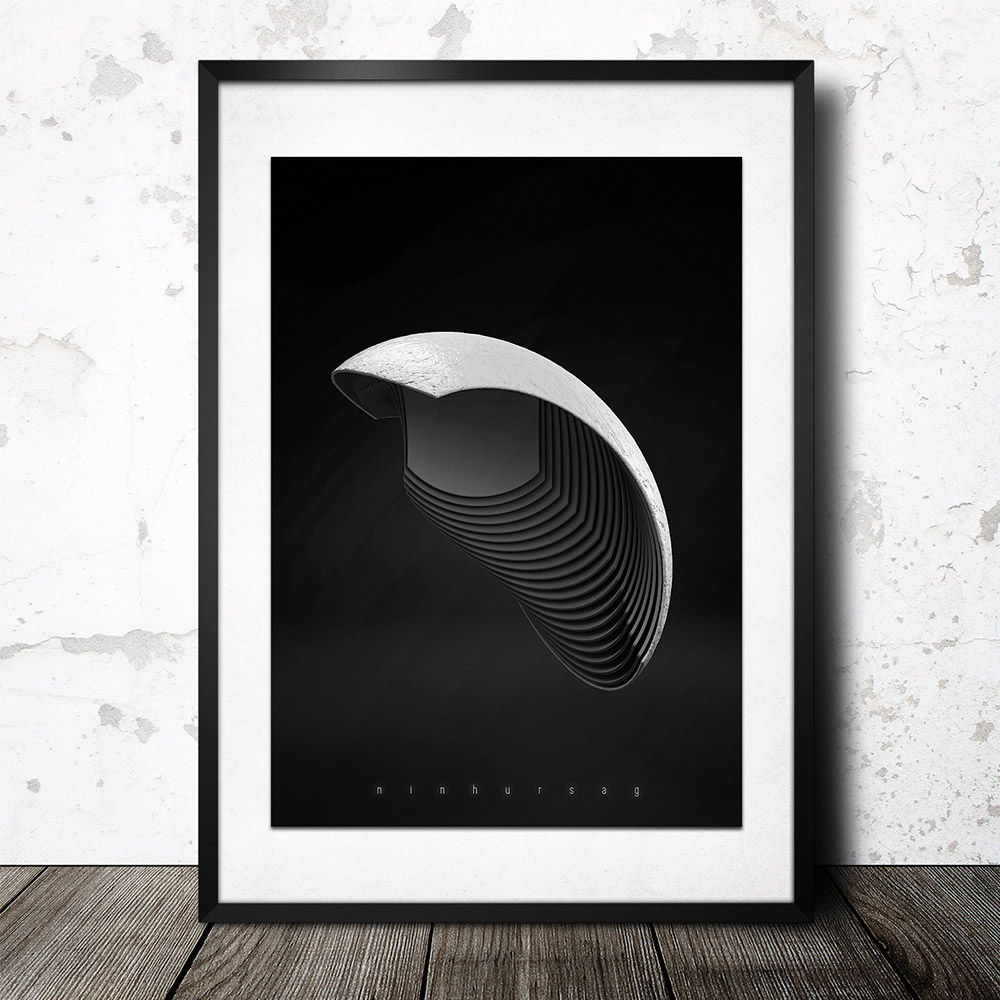 Frames leaning on a wall holding a Metaphorm 3D artwork poster