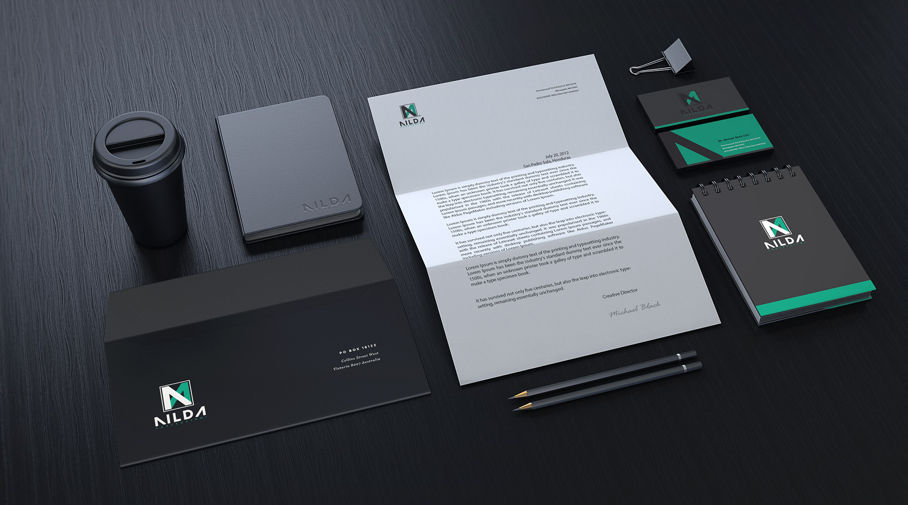 Nilda branded business cards, notepad, A4 letter and envelope