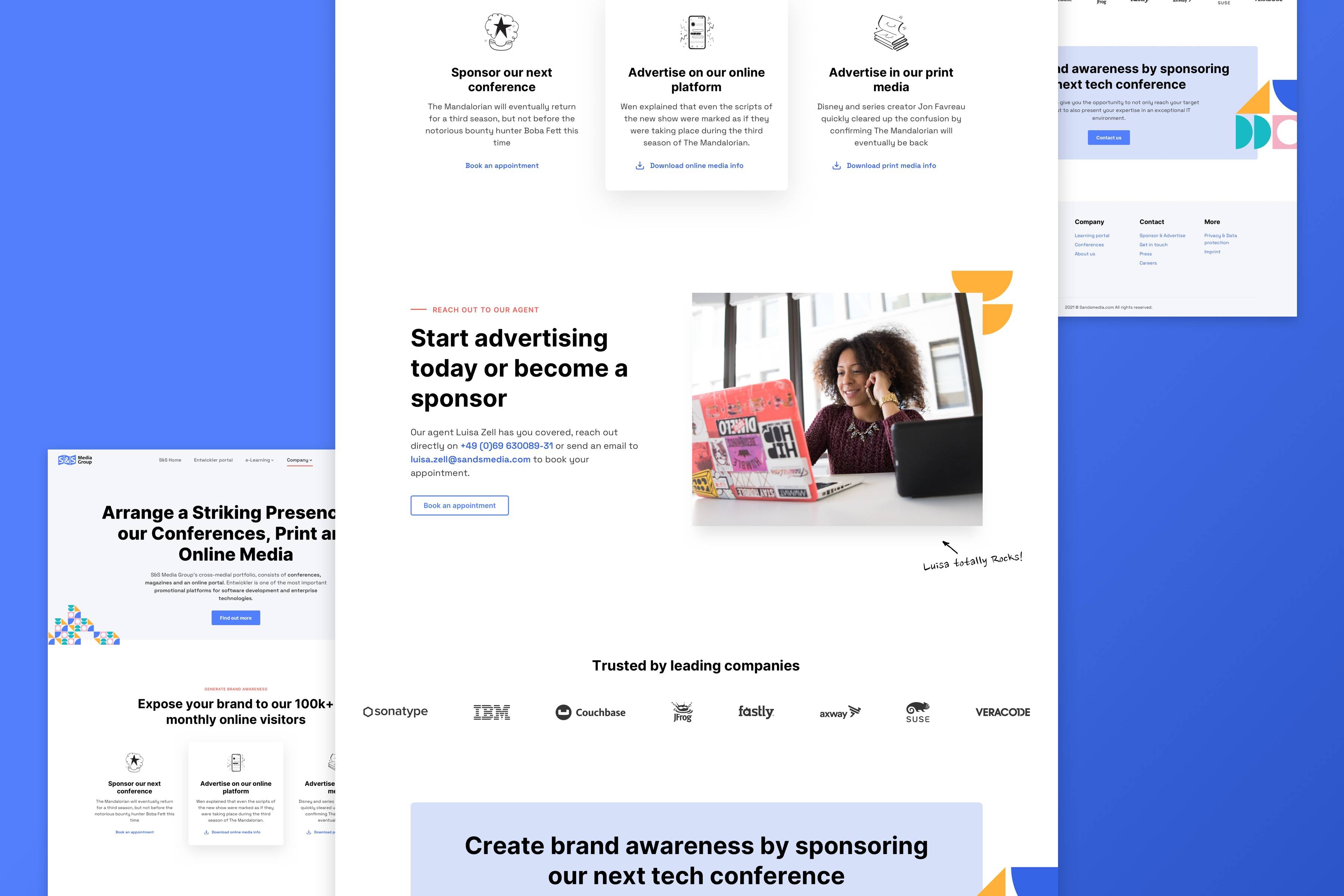 Three different S&S media pages over a blue background