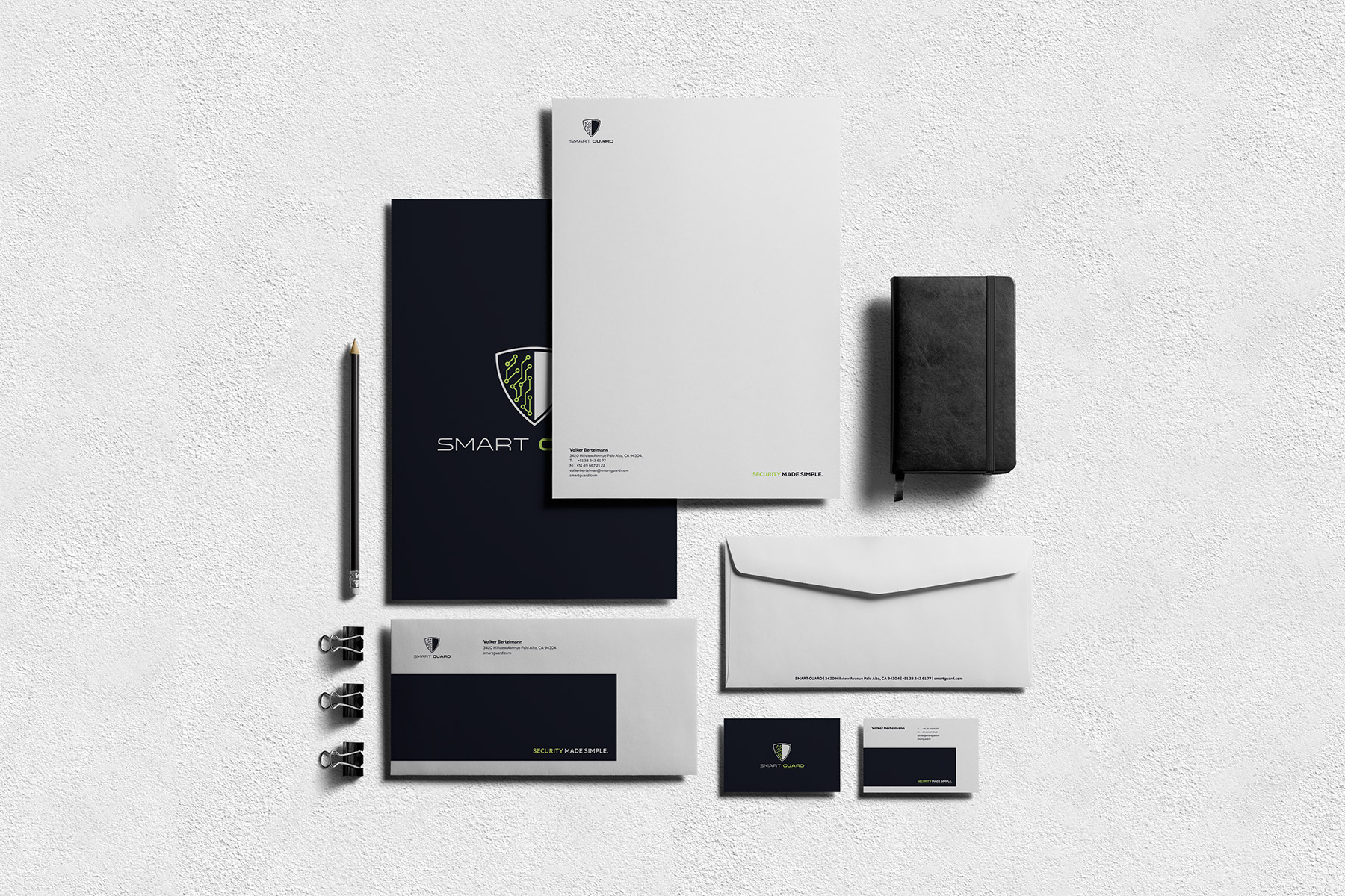 Smartguard branded business cards, letter envelope, A4 letter, promo cover and notepad on dark surface